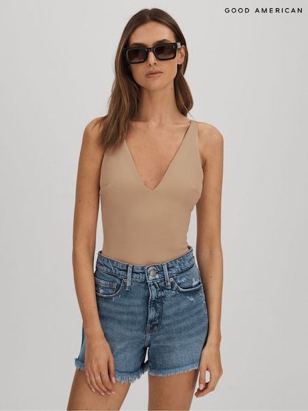 Good American Champagne Beige Good American Scuba V-Neck Bodysuit (N74059) | €113