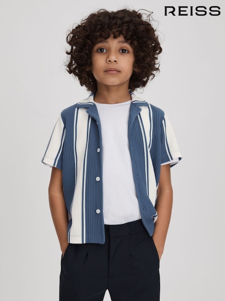 Reiss Airforce Blue/White Alton Senior Ribbed Cuban Collar Shirt (N74081) | €52