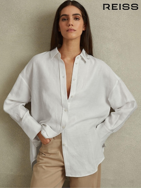 Reiss White Sian Relaxed Fit Lyocell-Linen Button-Through Shirt (N74082) | €65