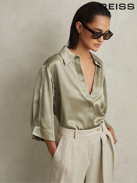 Reiss Khaki Winnie Silk Relaxed Sleeve Blouse (N74092) | €170