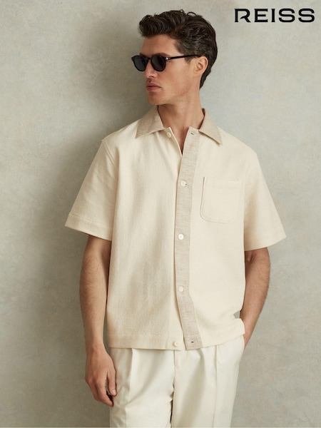 Reiss Ecru Sicily Textured Cotton Blend Contrast Shirt (N74109) | $226
