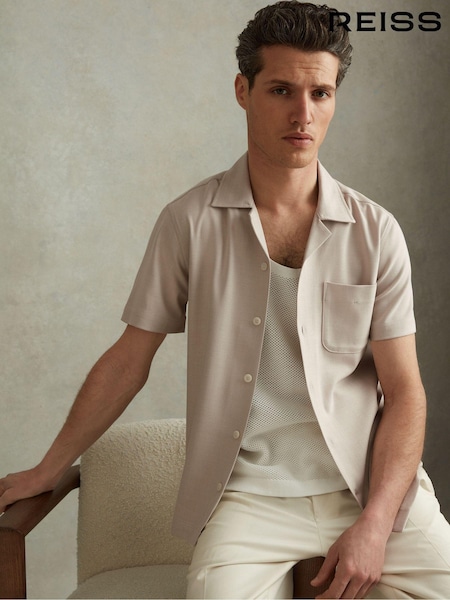 Reiss Stone Nitus Herringbone Cuban Collar Shirt (N74165) | €160