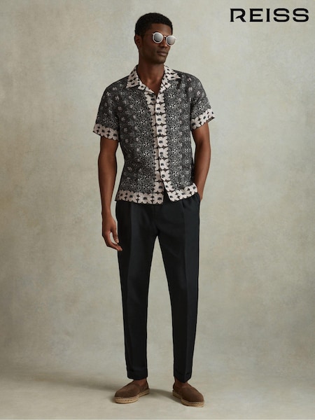 Reiss Black Multi Pantain Linen Printed Cuban Collar Shirt (N74181) | AED922