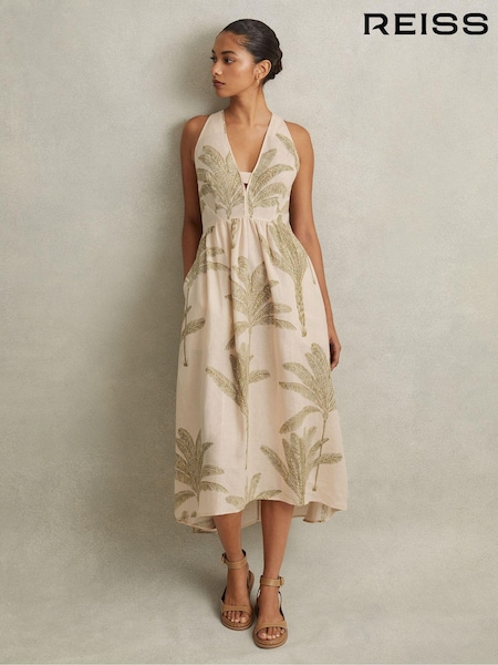 Reiss Neutral/Green Anna 100% Linen Tropical Print Midi Dress (N74210) | €229