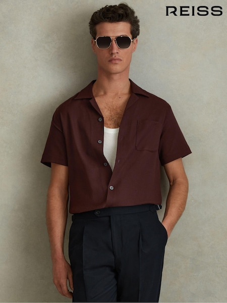 Reiss Tobacco Nitus Herringbone Cuban Collar Shirt (N74227) | 809 QAR