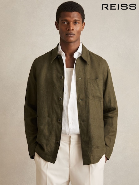 Reiss Khaki Porto Linen Worker Jacket (N74234) | AED1,210