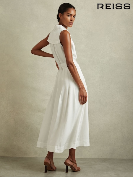 Reiss White Heidi Petite Viscose-Linen Belted Midi Dress (N74238) | €122