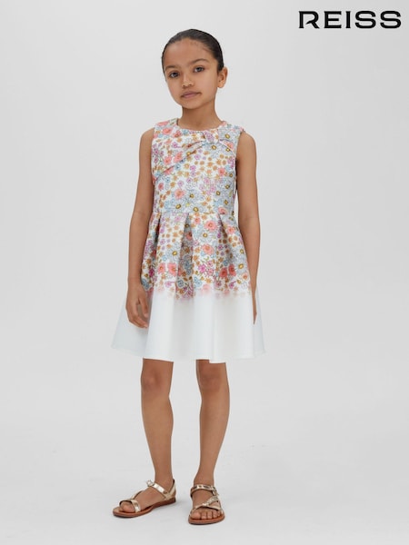 Reiss Pink Print Emmie 13-14 yrs Floral Scuba Bow Fit-and-Flare Dress (N74279) | AED454