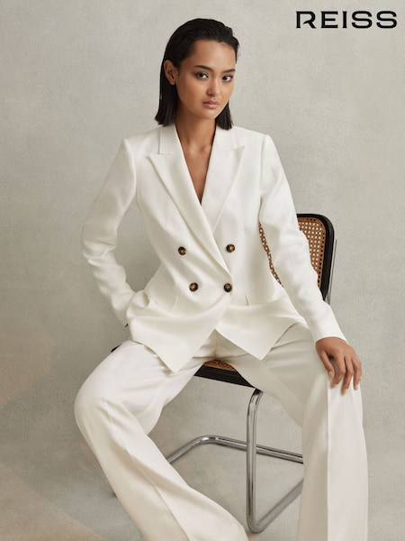 לבן - Reiss Lori Viscose Linen Double Breasted Suit: Blazer (N74286) | ‏2,172‏₪