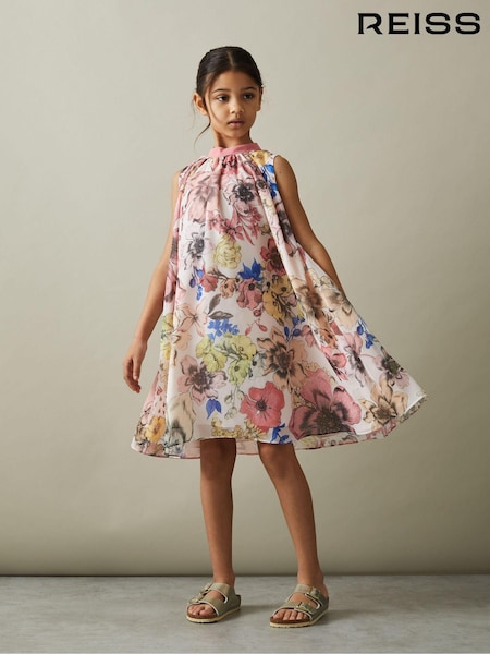 Reiss Pink Print Kady 4-9 yrs Floral Print Halter Neck Dress (N74297) | €95