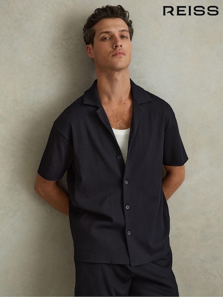 Reiss Navy Chase Ribbed Cuban Collar Shirt (N74329) | €142