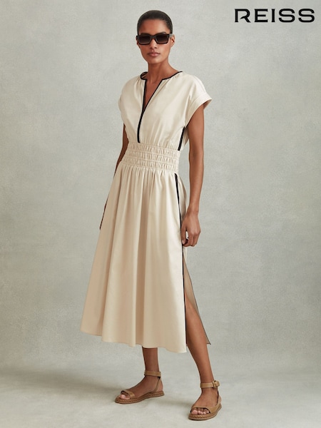 Neutro/negro - Reiss Lena Cotton Ruched Waist Midi Dress (N74336) | 195 €