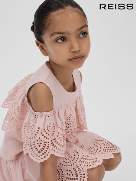 Reiss Pink Jazz 9-13 yrs Off-The-Shoulder Broderie Dress (N74370) | ₪539