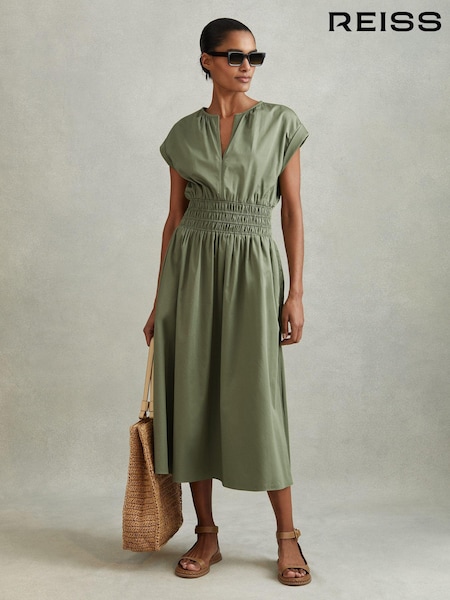Reiss Green Lena Petite Cotton Ruched Waist Midi Dress (N74372) | €195