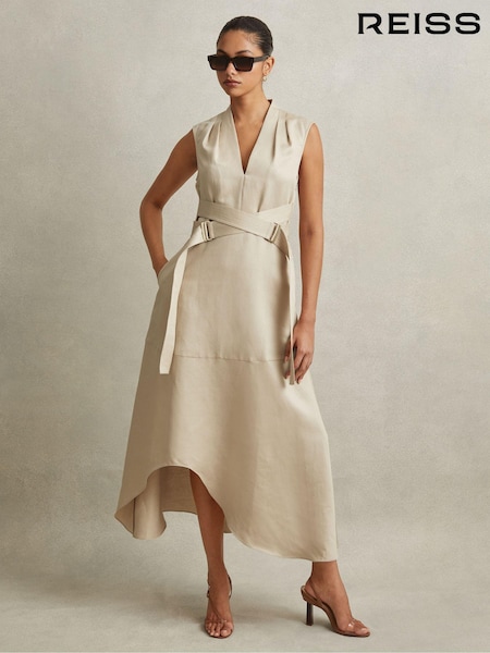 Reiss Neutral Ava Linen Lyocell Strappy Midi Dress (N74382) | €403