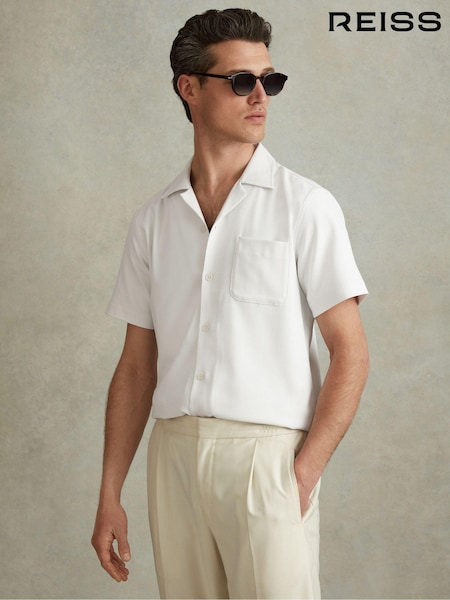 Reiss White Nitus Herringbone Cuban Collar Shirt (N74399) | €167