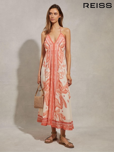 Reiss Coral Delilah Printed Ruched Waist Midi Dress (N74414) | 1,823 QAR