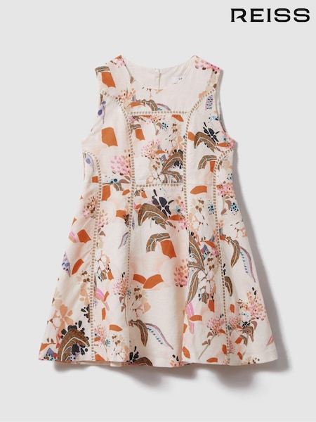 Reiss Pink Print Lor 13-14 yrs Linen Cotton Stitch Dress (N74427) | 551 QAR