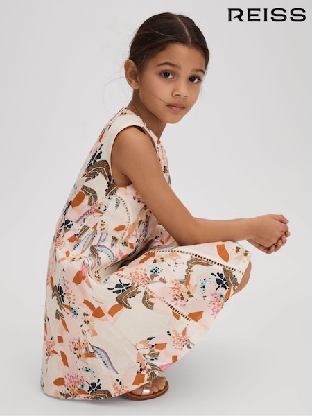 Reiss Pink Print Lor 9-13 yrs Linen Cotton Stitch Dress (N74447) | AED511