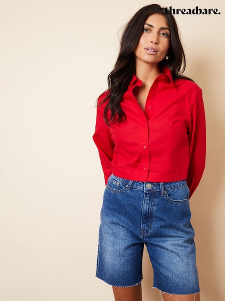 Red - Threadbare Cropped Elasticated Hem Boxy Long Sleeve 100% Cotton Shirt (N74756) | 85 LEI