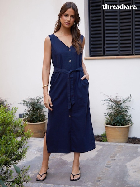 Threadbare Blue Linen Blend Belted Button Down Maxi Dress (N74758) | €24