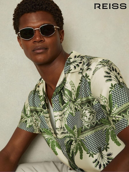Reiss Bright Green Lulu Relaxed Palm Print Cuban Collar Shirt (N74787) | €67