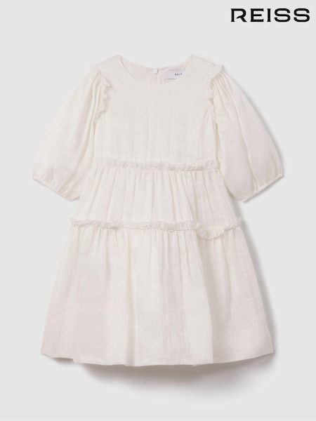 Reiss Ivory Tash 13-14 yrs Tiered Linen Blend Puff Sleeve Dress (N74804) | AED648