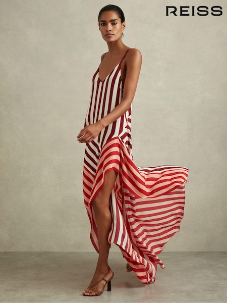 Reiss Burgundy/Off White Holly Colourblock Stripe Asymmetric Midi Dress (N74838) | €300
