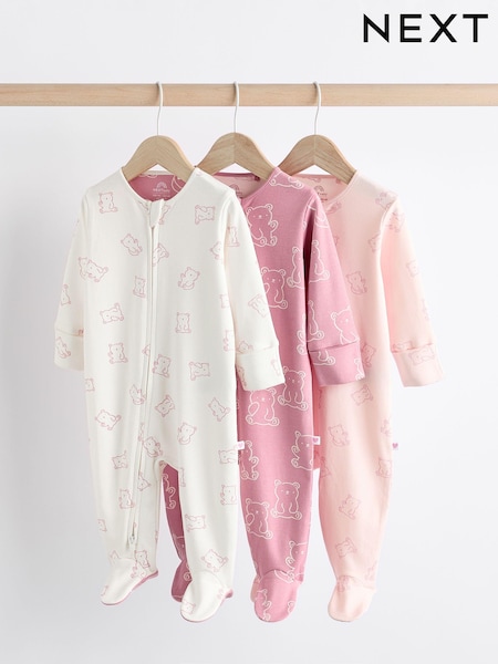 Pink - Baby 100% Cotton Printed 3 Pack Sleepsuits (0-2yrs) (N74893) | 23 € - 26 €
