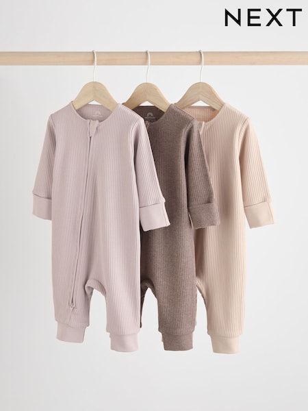 Chocolate Brown 100% Cotton Two Way Zip Baby Sleepsuit 3 Pack (0mths-3yrs) (N74942) | OMR5 - OMR6