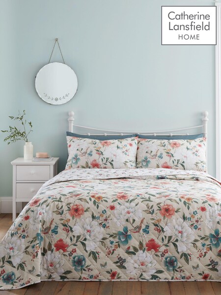 Catherine Lansfield Natural Pippa Floral Birds Reversible Quilted Bedspread (N75128) | €31