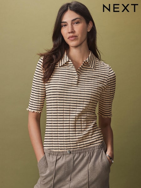 שחור/בז' - Ribbed Lettuce Hem Collared Polo Top (N75385) | ‏87‏₪