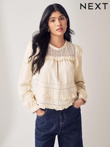 Ecru Long Sleeve Lace Insert Frill 100% Cotton Top (N75396) | €28