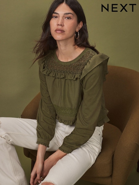 Khaki Green Long Sleeve Lace Insert Frill 100% Cotton Top (N75410) | €24