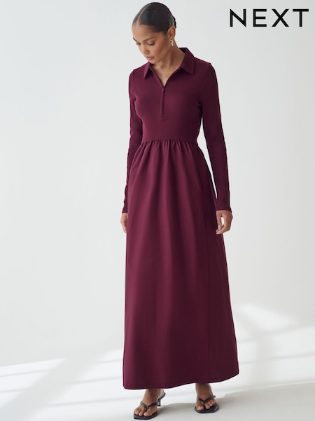 Oxblood Red Long Sleeve Collared Zip Neck 100% Cotton Midi Dress (N75438) | €27