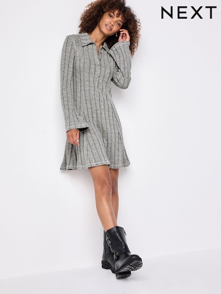 Light Grey Collared Long Sleeve Ribbed Mini Dress (N75440) | €29