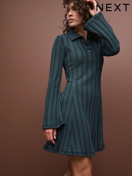 Petrol Blue Collared Long Sleeve Ribbed Mini Dress (N75443) | €40