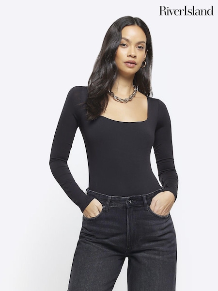 River Island Black Long Sleeve Square Neck Bodysuit (N75529) | 140 zł