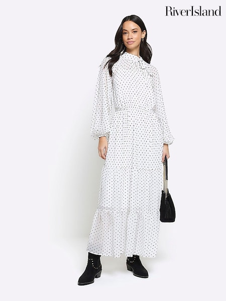 River Island White Pussy Bow Midi Tea Dress (N75569) | €41.50