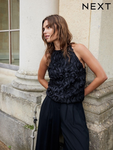 Black Halter Neck Ruffle Tank (N75645) | €19