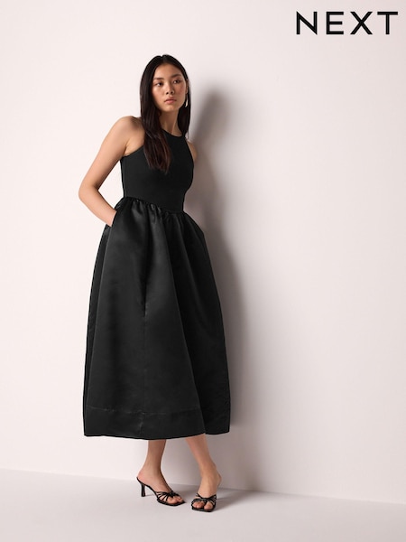 Black Satin And Jersey Racer Occasion Midi Dress (N75678) | €50