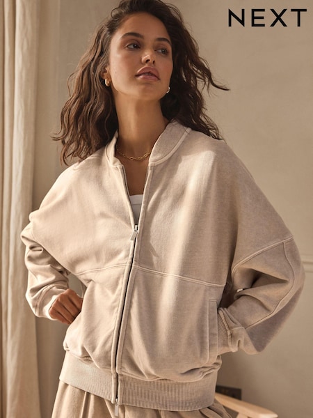 Washed Ecru Lounge 100% Cotton Bomber Jacket (N76021) | AED88