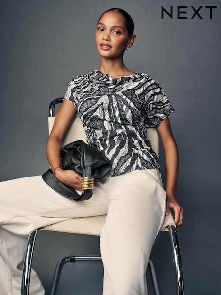 Mono Zebra Print Short Sleeve Cowl Neck Top (N76285) | AED58