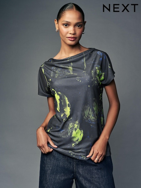 Navy Print Short Sleeve Cowl Neck Top (N76288) | €13