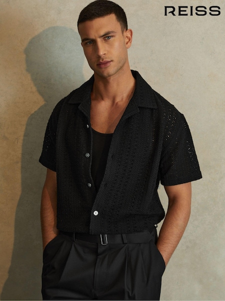 Reiss Black Paradise Cotton Crochet Cuban Collar Shirt (N76812) | €170