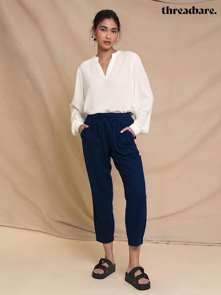 Threadbare Blue Regular Fit Linen Blend Tapered Trousers (N76970) | €33