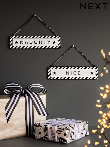 Black Monochrome Naughty or Nice Reversible Christmas Sign (N77096) | LEI 56