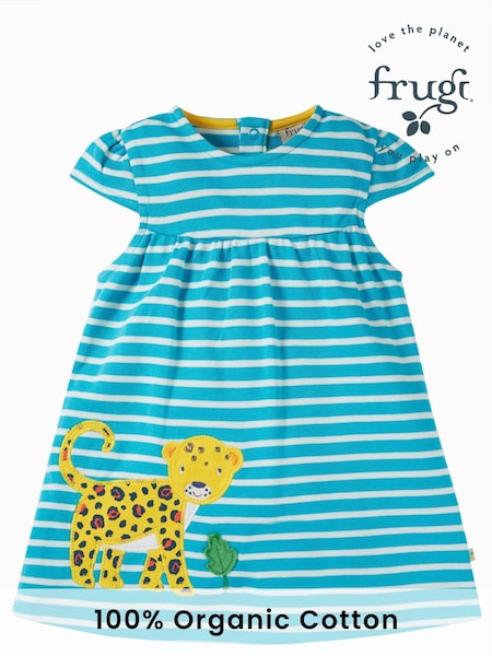 Frugi Blue Stiped Leopard Applique Short Sleeve Dress (N77218) | AED74 - AED79