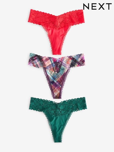 Red/Green Thong Floral Lace Knickers 3 Pack (N77625) | €12