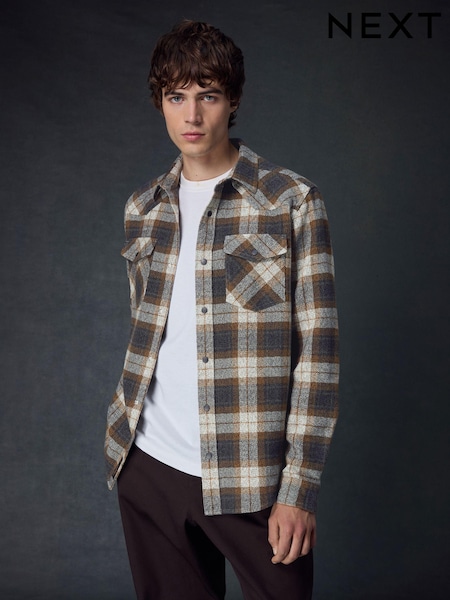 Коричневый/камень бежевый - Long Sleeve Western Check 100% Cotton Shirt (N77627) | €8